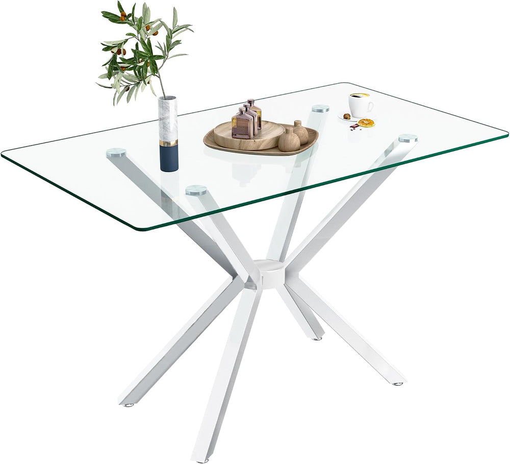 51.18" Rectangular Glass Dining Table, Tempered Glass Kitchen Tabe with ...