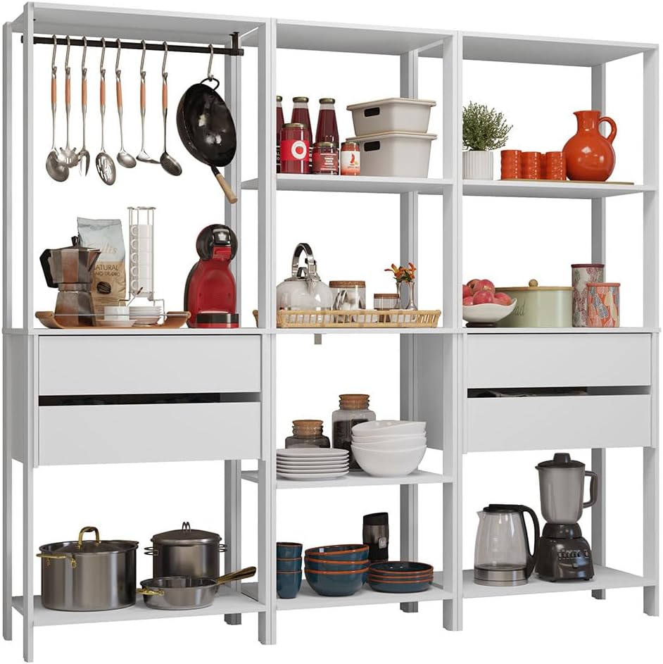 Madesa Kitchen Pantry Storage Rack with 4 Drawers, Open Shelves and Hanging S...