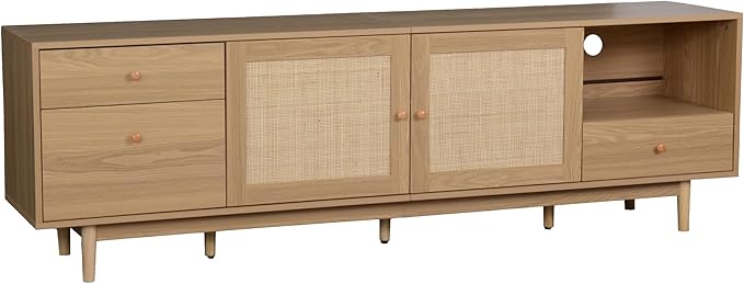 Ball & Cast 76" Boho TV Stand for TVs up to 85", Media Console with Real Rattan Doors, Open Shelf, 3 Drawers & 2 Cabinets, Natural Wood Grain Entertainment Center w/Solid Wood Legs for Living Room