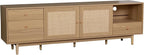 Ball & Cast 76" Boho TV Stand for TVs up to 85", Media Console with Real Rattan Doors, Open Shelf, 3 Drawers & 2 Cabinets, Natural Wood Grain Entertainment Center w/Solid Wood Legs for Living Room