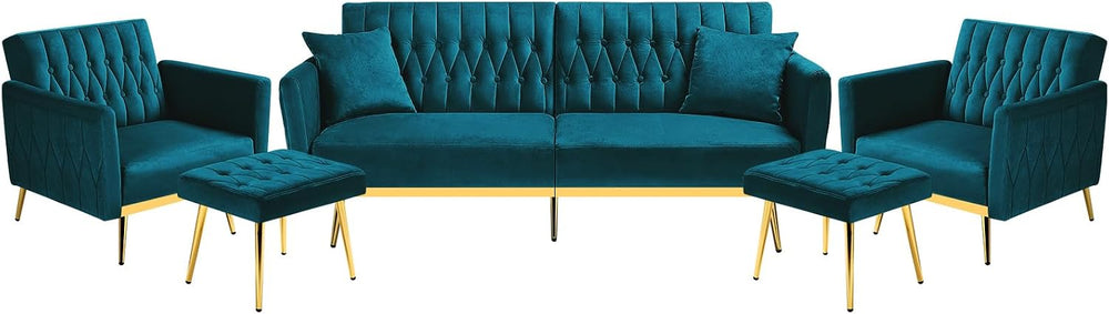 3 Pieces Velvet Sofa Set w/Adjustable Armrest &Backrest,Teal