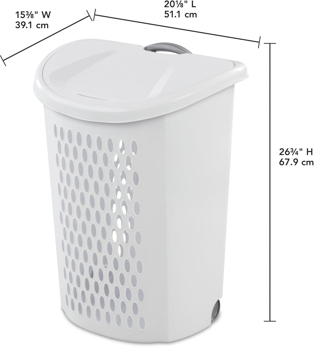 White Rolling Laundry Hamper with Wheels, 2-Bushel Large Capacity Ventilated Plastic Hamper with Lid & Retractable Handle, Portable Laundry Basket for Dorms, Apartments and Bedrooms