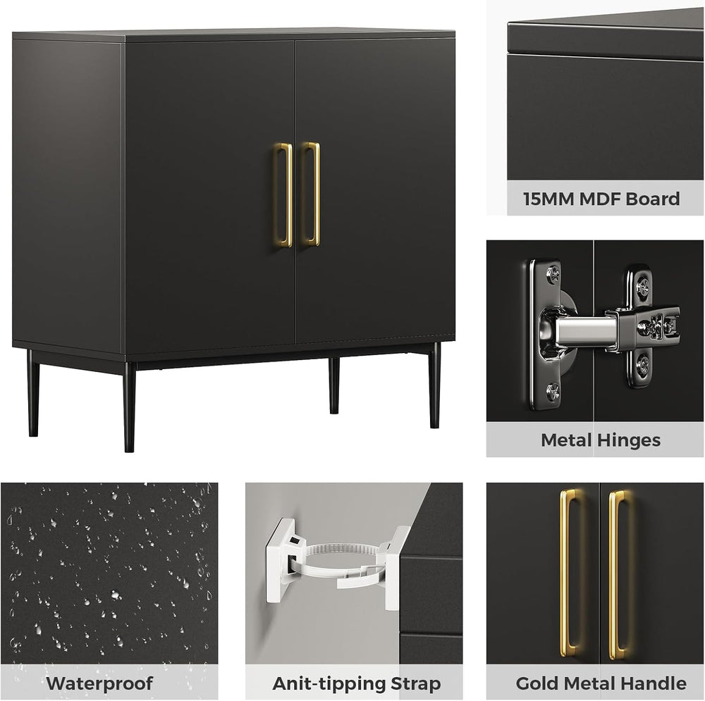 Black Storage Cabinet with Doors, Modern Accent Cabinet, Free Standing Cabine...