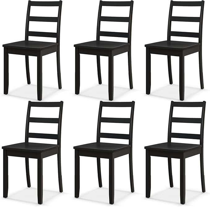 NAFORT Wooden Dining Chairs Set of 6, Black Kitchen Chairs with Solid Rubber Wood Legs, Non-Slip Foot Pads, Max Load of 400 Lbs, Farmhouse Seat Ladder Back Dining Room Chairs