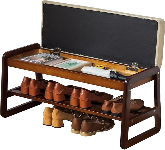 latifolia Solid Wood Bench, Entryway Shoe Bench with Cushion, Flip-Open Stora...