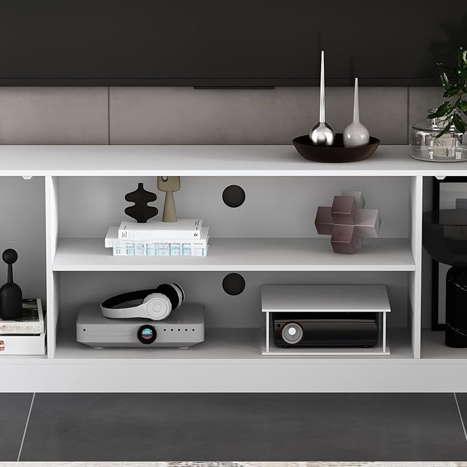 81.1" Large TV Stand with Bookshelves for TVs up to 60", Wall Unit Entertainment Center with Doors, 9 Open Shelves and Cable Holes, Media Console Cabinet for Living Room, White