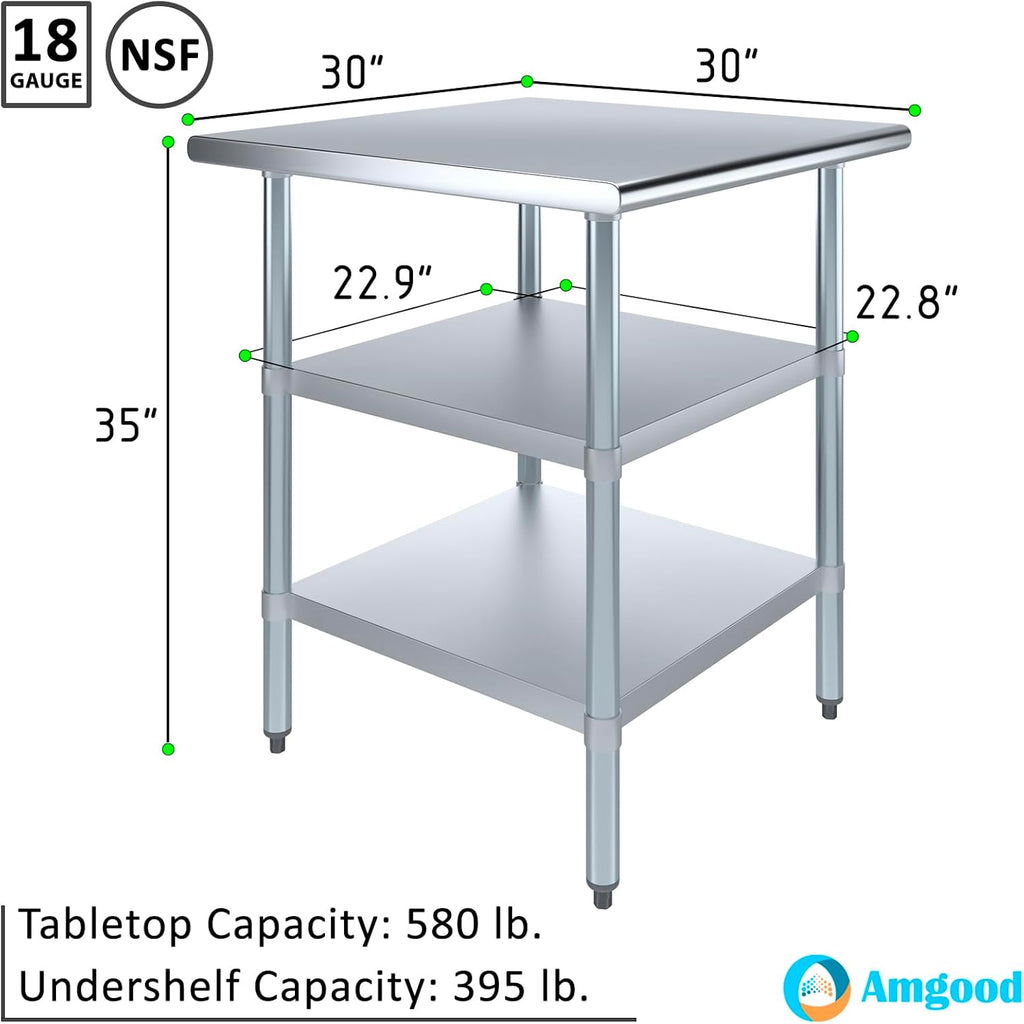 AmGood Stainless Steel Work Table with 2 Shelves | NSF | Metal Utility Table (30" Long x 30" Deep)