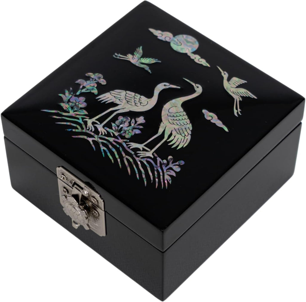 Mother of Pearl Mini Jewelry Box - Organizer for Earring Necklace Ring & Bracelet Jewelry Display Storage Case for Woman Unique Gifts (Crane_Black)