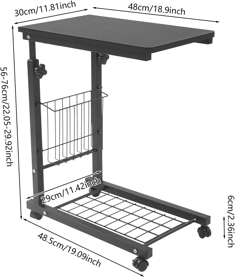 Adjustable Side Table, Modern Dual Shelves Rolling Side Table with 4 Brake Wh...
