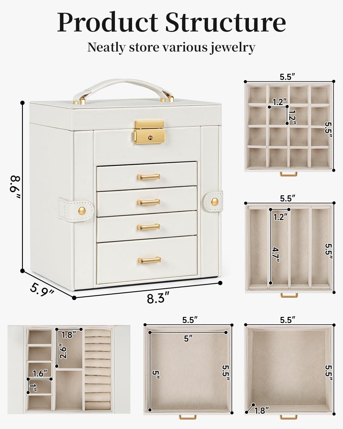 TORIBIO Jewelry Box for Women, Leather Jewelry Organizer with Mirror & Lock, 5-Tier Jewelry Storage Organizer with 4 Drawers for Girls/Women/Mothers, Necklace Earring Bracelets Holder Organizer