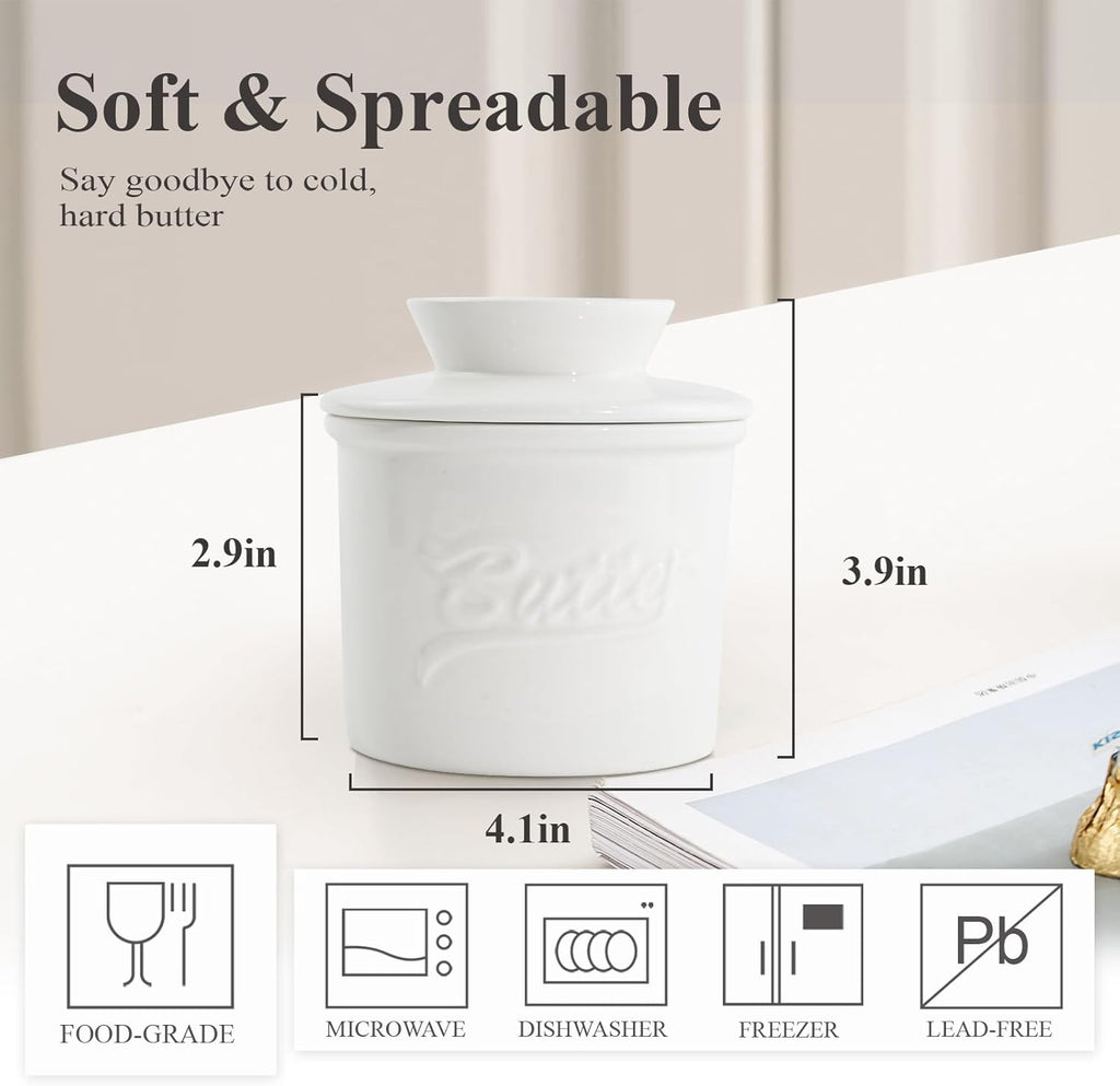 Butter Crock for Counter with Water, French Butter Keeper for Spreadable Butter Ceramic Butter Dish with Lid for Countertop, Butter Container Holder, Home Kitchen Decor (White, M)