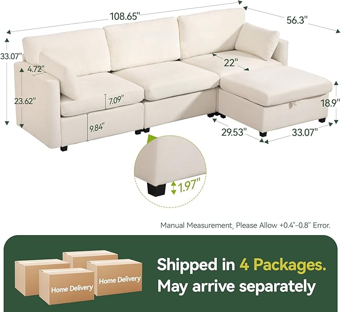 109'' Modular Sectional Sofa, L Shaped Couch with Storage Ottoman, Comfy Cloud Sofa with Deep Seat, 4 Seat Convertible Sectional Couches for Living Room (Beige, Low Legs 1.97")
