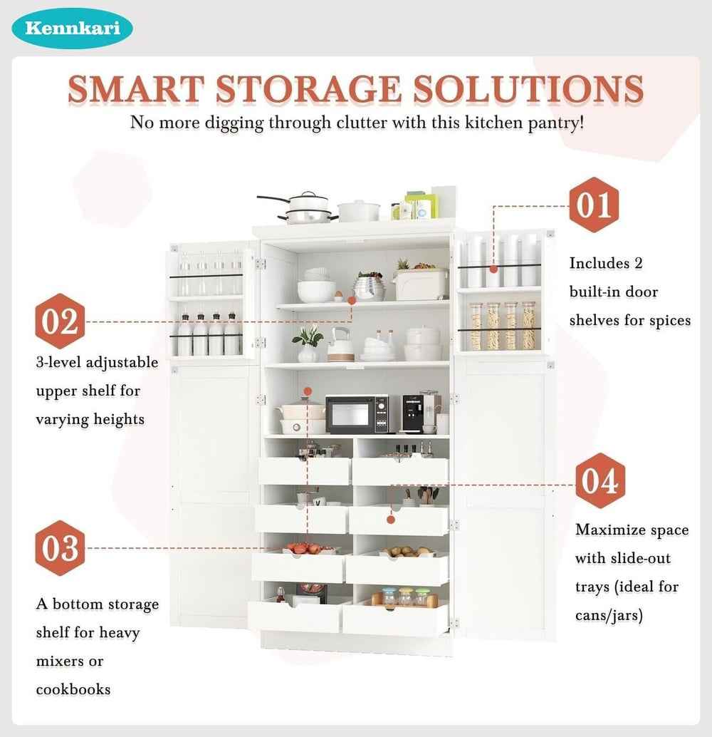 Freestanding Kitchen Pantry Cabinet with 8 Pullout Trays, Tall Storage Organi...