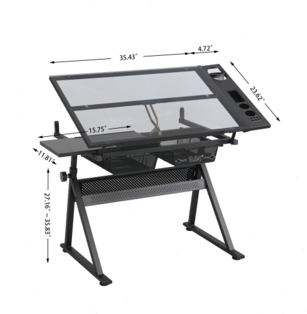 Tempered Glass Drafting Table, 0-75° Tilt & Height Adjustable Drafting De...