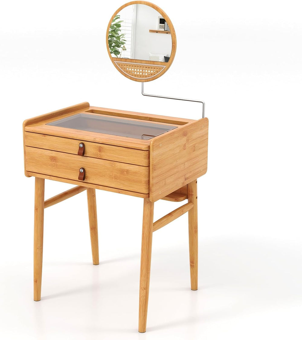 COSTWAY Bamboo Vanity Desk with Adjustable Round Mirror and 2 Drawers | Makeu...