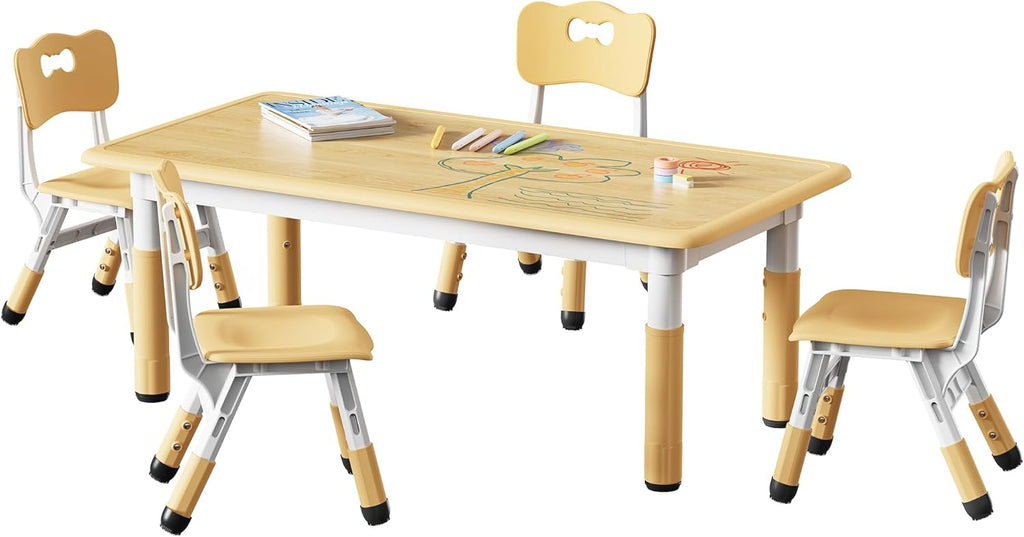Brelley Kids Table and 4 Chairs Set, Height Adjustable Toddler Table and Chair Set, Graffiti Desktop, Non-Slip Legs, Max 300lbs, Children Multi-Activity Table for Ages 2-8