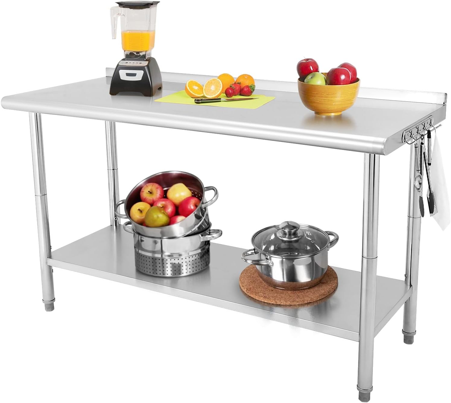 GarveeTech 60 in x 24 in Stainless Steel Prep Table, NSF Metal Work Table with Backsplash, Adjustable Undershelf, 5 Hooks, Heavy Duty Workbench Workstation for Home Kitchen Restaurant