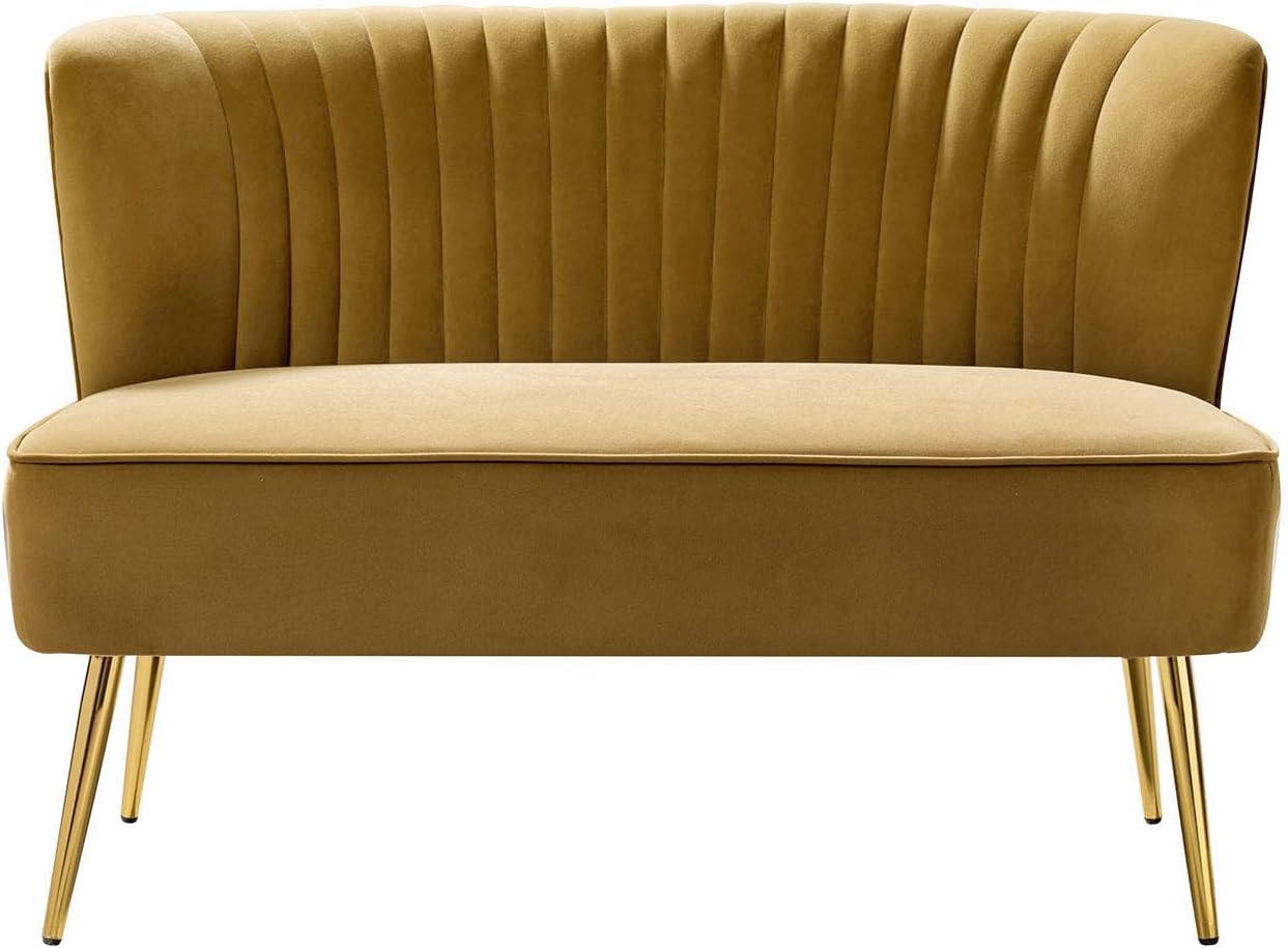 TINA'S HOME Mid-Century Velvet Loveseat Sofa, Upholstered Loveseat Couch with Golden Metal Legs, Small Tufted 2-Seat Sofa Armless Love Seat for Living Room Bedroom, Golden