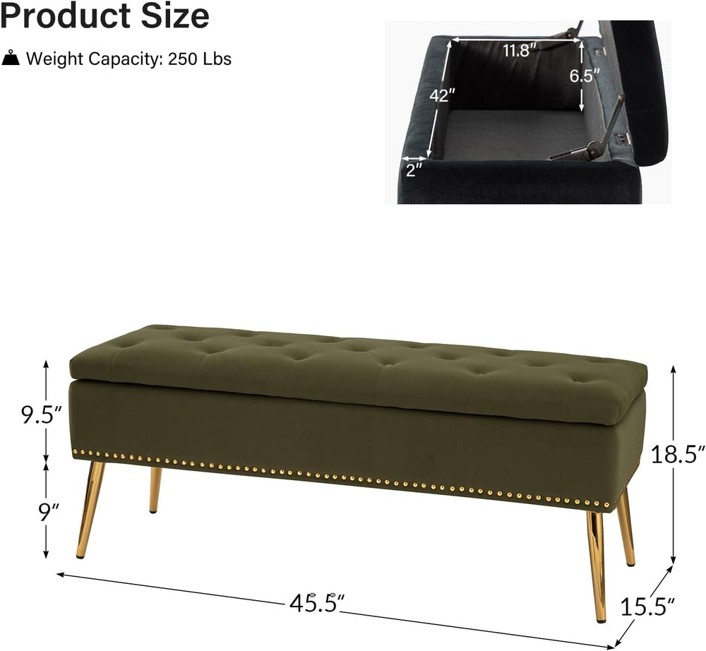 HULALA HOME Modern Velvet Storage Ottoman Bench with Gold Base & Nailhead...