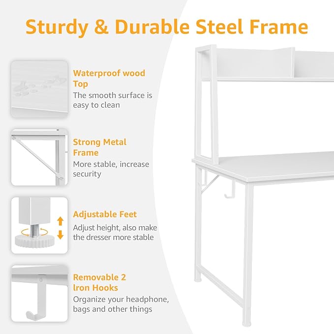 White Computer Desk with Hutch & Drawers - Office Desk with 3 Storage Drawers and Power Outlets, 47 Inch Modern Study Writing Desk for Bedroom Home Office