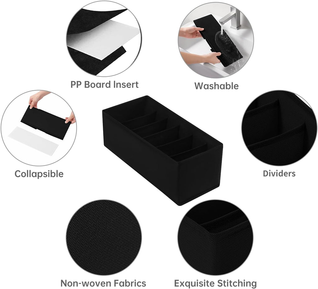 3 Pack Fabric Belt Organizer with 6 Grids per Organizer, Foldable Drawer Organizers for Closet and Drawer, Belt and Tie Holder - Black