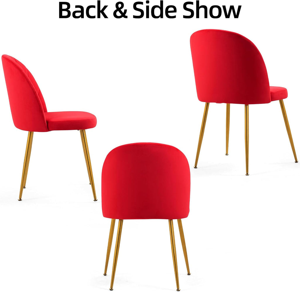 Velvet Dining Chairs Set of 6, Upholstered Mid Century Modern Dining Room Chairs, Armless Accent Chair with Metal Gold Legs for Living Room, Kitchen, Rose Red