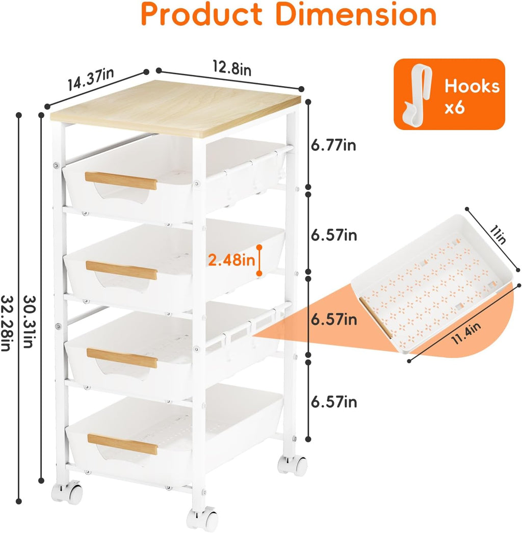 5-Tier Kitchen Storage Cart, Wood Top Rolling Cart Organizer with Pull-Out Baskets & Wheels, Metal Snack Cart with Holder for Fruit, Vegetable, Microwave, Kitchen, Pantry, White