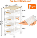 5-Tier Kitchen Storage Cart, Wood Top Rolling Cart Organizer with Pull-Out Baskets & Wheels, Metal Snack Cart with Holder for Fruit, Vegetable, Microwave, Kitchen, Pantry, White