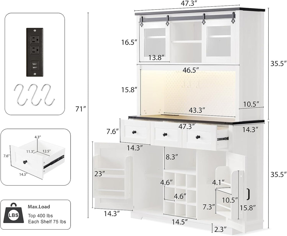 71" Pantry Bar Cabinet with Internal Storage Rack,Kitchen Cabinet with H...