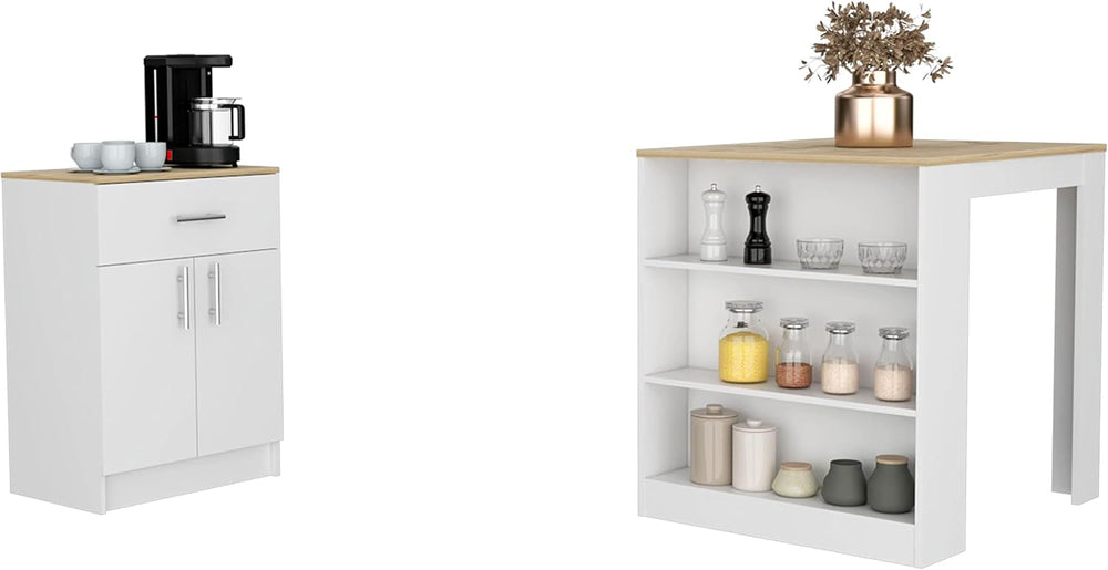 Contemporary Kitchen Island + Pantry Cabinet Combo, Kitchen Storage, White an...