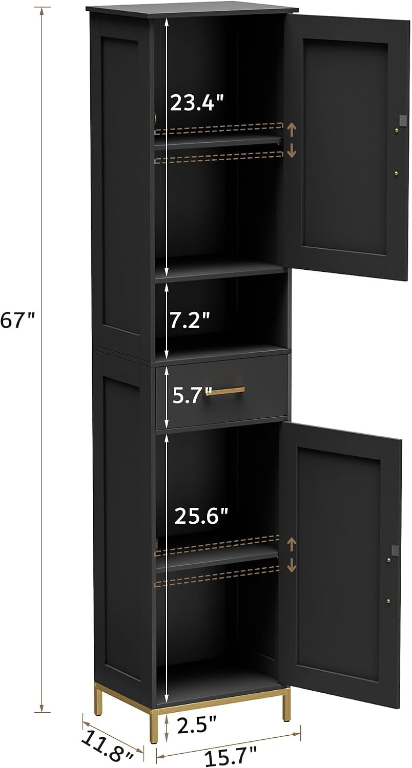 67" H Bathroom Storage Cabinet, Tall Bathroom Cabinet, Black