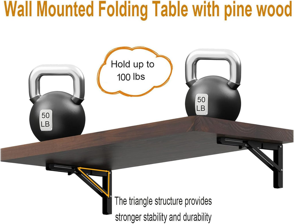 IAE Wall Mounted Folding Table with Pine Wood,36" x 14" Floating Wall Desk,Laundry Folding Table with Shelf Brackets,Fold Down Desk Shelf,Folding Workbench for Home,Dining,Laundry Room,Kitchen,Brown