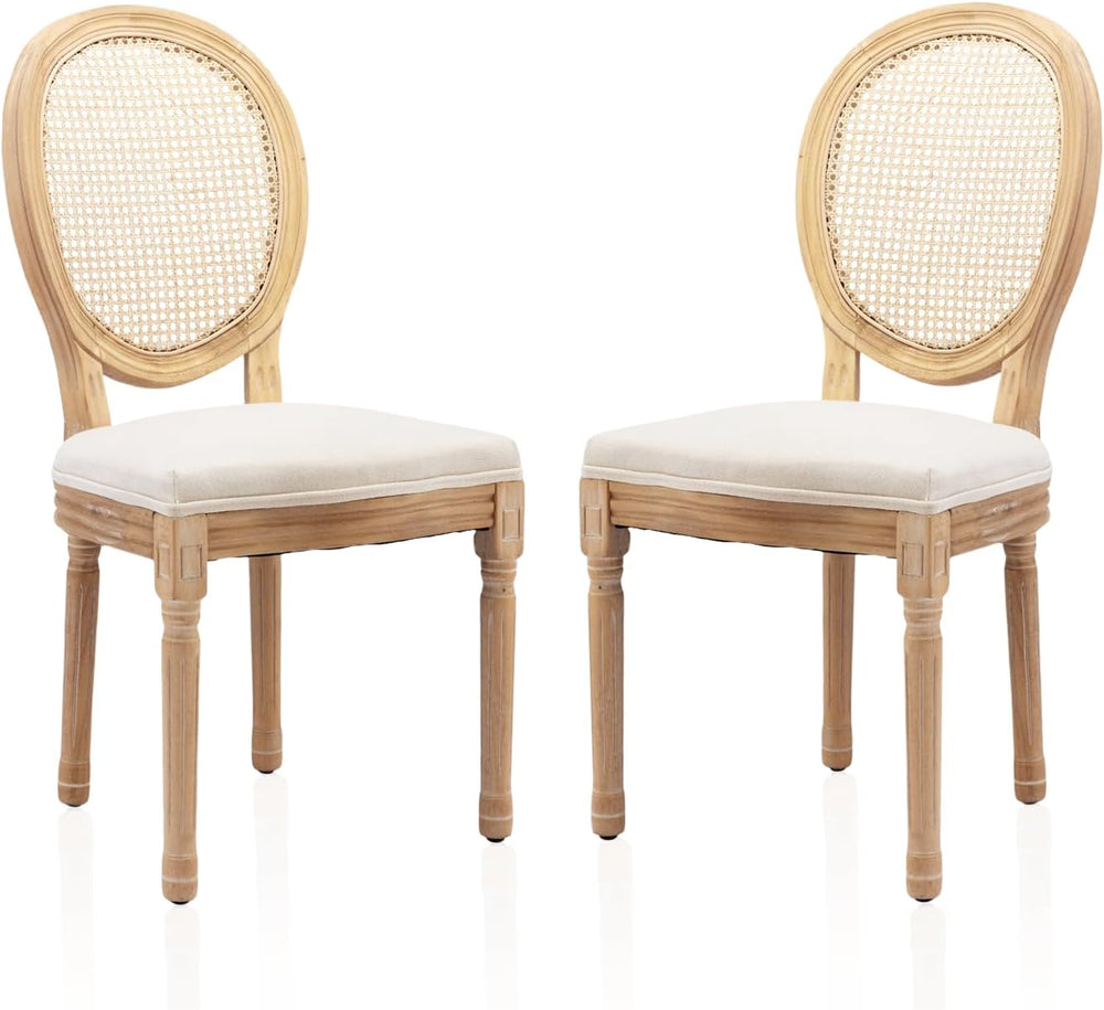 French Country Dining Chairs Set of 2,Upholstered Chairs with Rattan Round Ba...