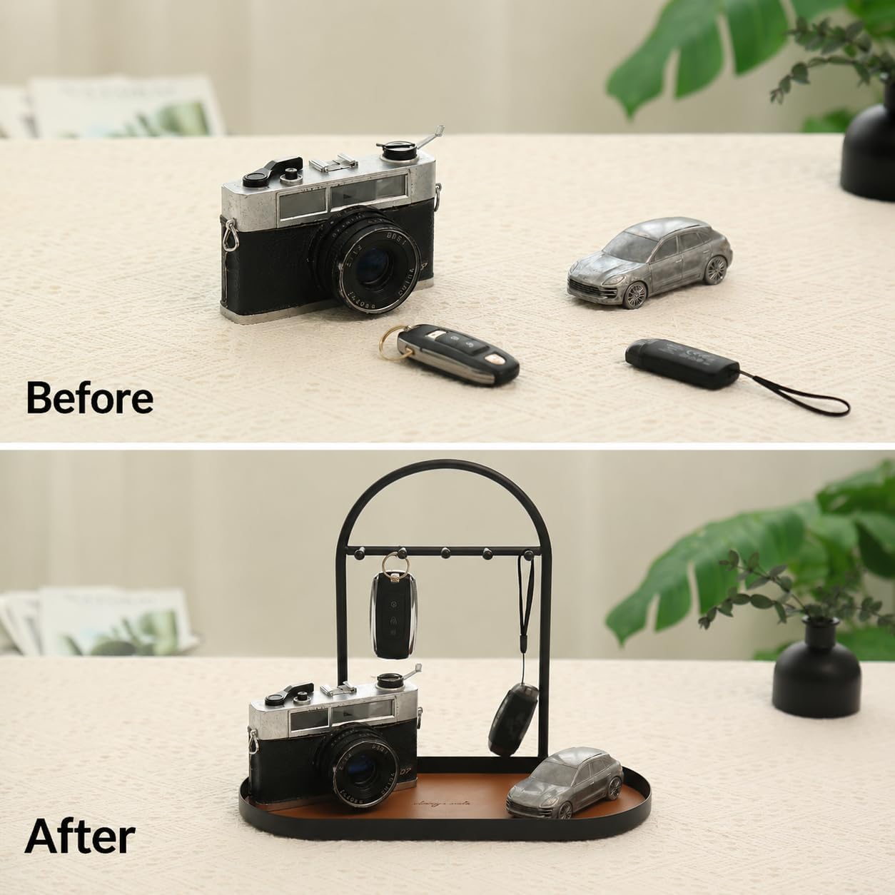 Shinpuru Key Holder Tray, Metal Stand with Leather Tray, 5 Hooks(Black) | Keys and Jewelry Organizer