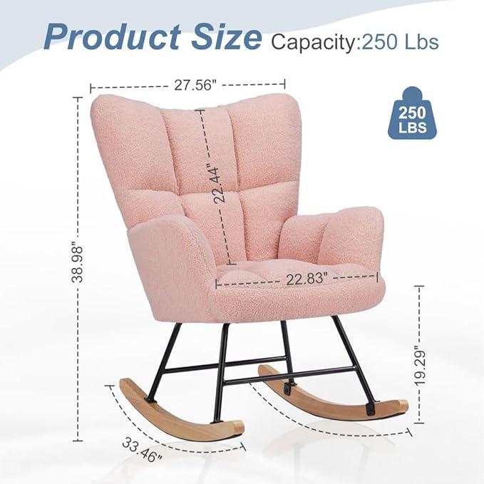 Nursery Rocking Chair, Boho Accent Ottoman, Teddy Upholstered Glider Rocker with High Backrest, Recliner Function and Foot Rest for Living Room, Small Spaces, Bedroom, Pink