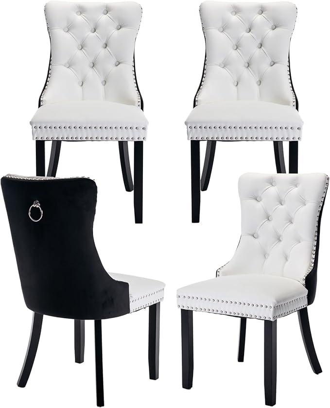 Dining Room Chairs Set of 4, Upholstered Tufted Dining Chairs with High Back, Nailhead Trim and Solid Wood Legs, Modern Dining Chair for Dining Room, White Pu Leather Splicing Black Velvet