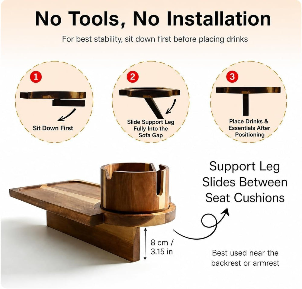 Solid Acacia Wood Couch Cup Holder Tray for Sofa Gap, 3-in-1 Couch Caddy with...