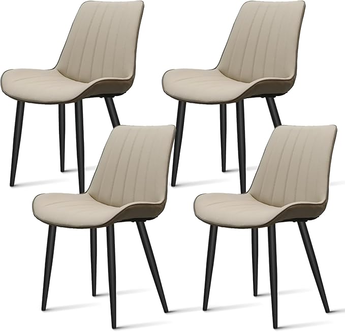 Dining Chairs Set of 4, Leather Modern Kitchen & Dining Room Chairs, Comfortable Upholstered Kitchen Chairs with Metal Legs Armless Side Chairs for Kitchen Restaurant, Khaki & Dark Grey