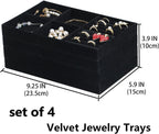 Set of 4 Stackable Jewelry Trays Organizer, Velvet Earring Organizer, Jewelry Organizer Showcase Display Drawer Organizer Storage, Earring Holder Necklace Bracelet Ring Accessary Organizers (Black)