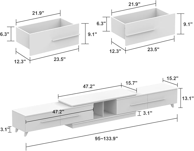 FAMAPY Modern TV Console Extendable Media Console, Adjustable Length, Contemporary Entertainment Center with Drawers and Legs, for Living Room White and Black (95”-133.9”W x 15.2”D x 13.1”H)