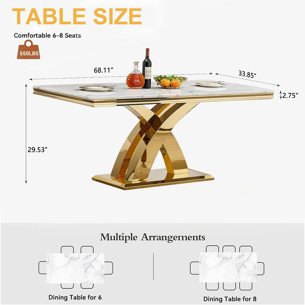 Modern Marble Dining Table for 6-8, 68" Faux Marble Kitchen Table with G...
