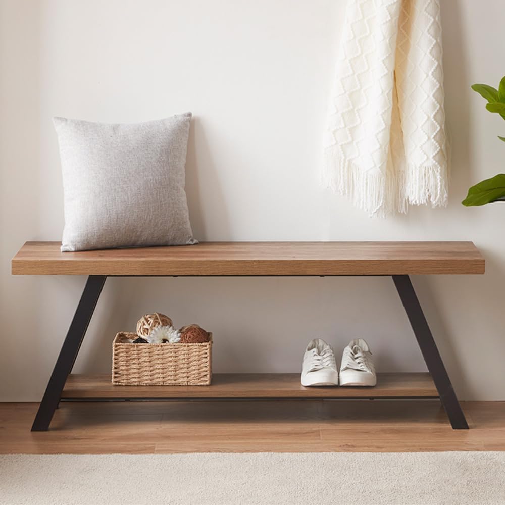 LVB Industrial Entryway Bench, Wood and Metal Storage Bench for Living Dining...