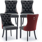 Leather Upholstered Dining Chairs Set of 4, Modern Style Kitchen Side Chairs with Nailhead Trim and Wood Leg, Metal Pulling Ring for Dining Room Living Room(Black&Wine Red)