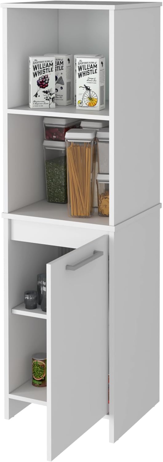 White Engineered Wood Pantry Cabinet, 4 Shelves, Single Door, Soft Close Hing...