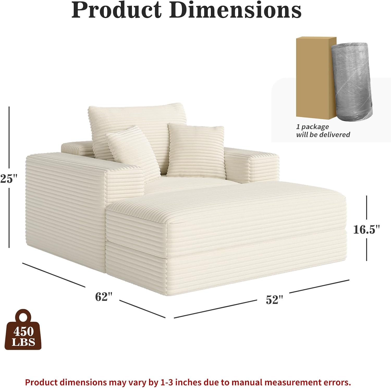 Gericco 52" Boneless Chaise Lounge Chair Indoor — Oversized Cloud-Like Cozy Comfy Modular 3-in-1 Sofa Bed for Reading, Living Room & Bedroom Corduroy Couch Sleeper, Beige