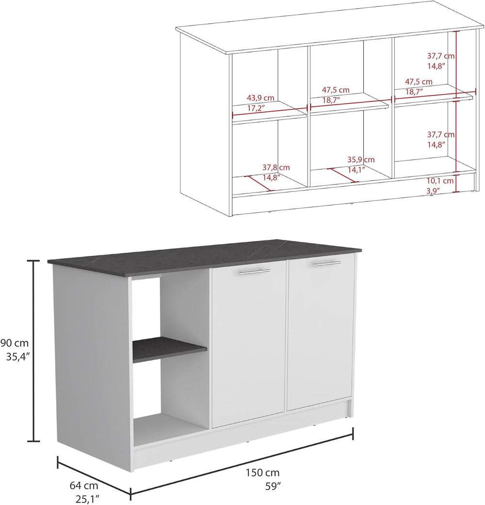 Kitchen Island with Large Top Surface and Double Door Cabinet White | Include...