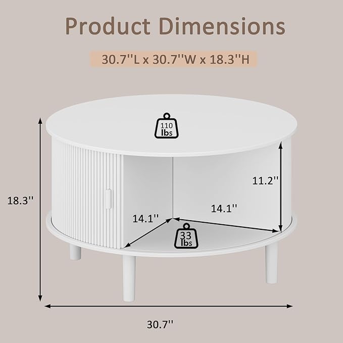 Coffee Table and TV Stand Set of 2, Round Center Table with Storage, Fluted Coffee Table with 360° Sliding Doors, 86.6" Entertainment Center for Bedroom, Living Room, White