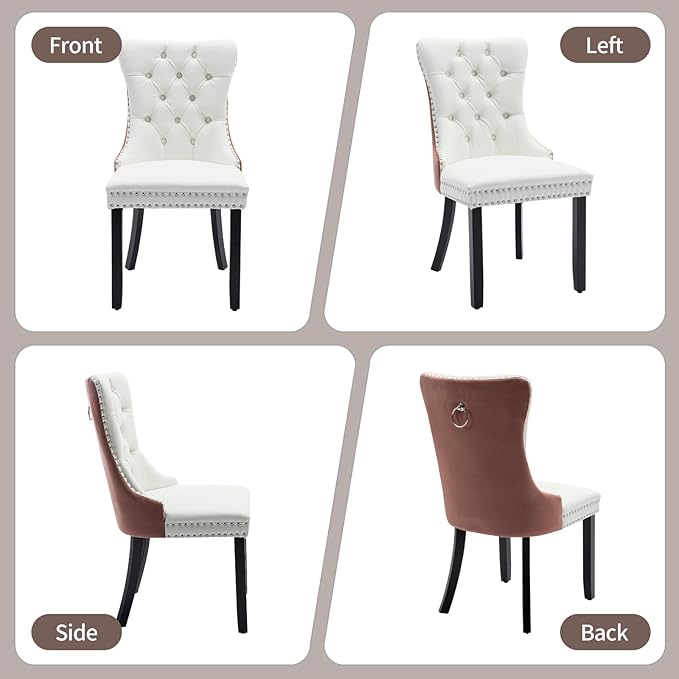 Velvet Dining Chairs Set of 2, High-end Tufted Upholstered Dining Chair with Ring Pull and Solid Wood Legs, Modern Dining Room Chairs for Dining Room, White PU & Pink Velvet