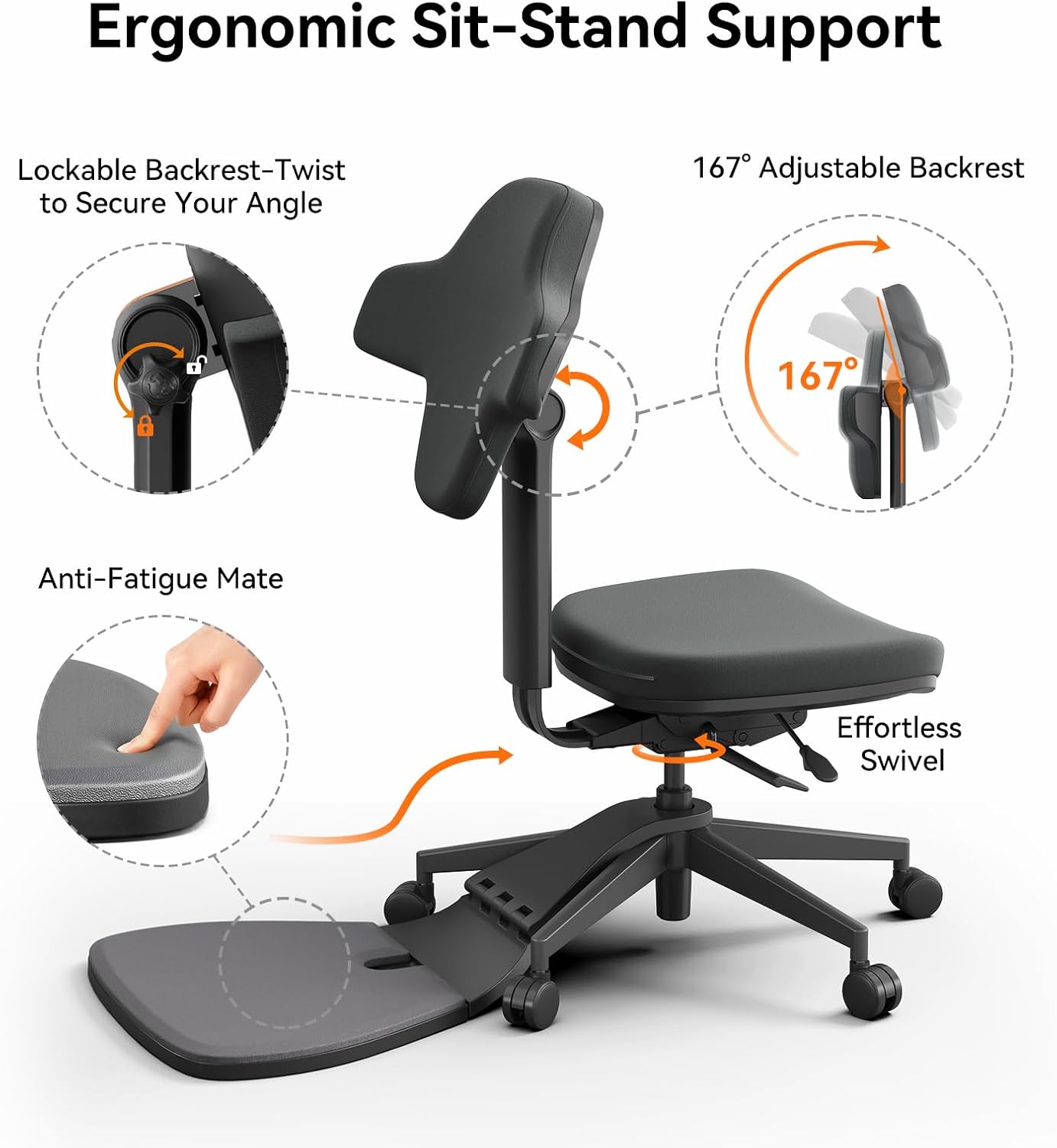 Newtral Standing Mate Chair, 6-in-1 Ergonomic Office Chair with 167° Lockable Flip Backrest, Multi-Position Stool for Standing Desk, Active Posture Support for Sit-Stand-Lean,Wide Seat