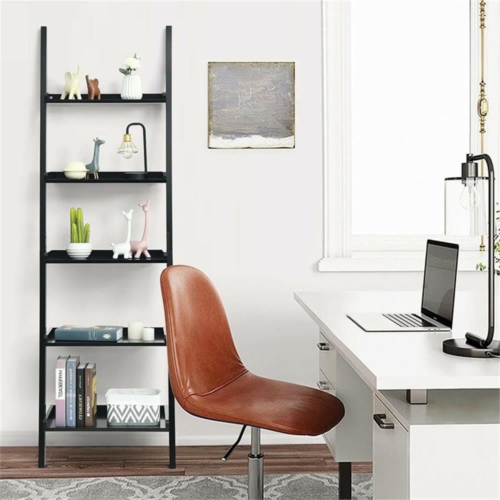 Pemberly Row 5-Tier MDF Ladder Shelves, Black Finish, 74.5" H x 13" W x 23" L, Wall-Leaning Design, Contemporary Storage Unit for Living Room, Study, or Bathroom Decor